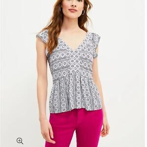 LOFT Top Women's Small Petite Medallion Sleeveless Peplum Blouse V Neck White
